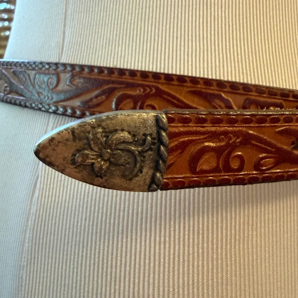 Unbranded Tooled Leather Belt Womens 32 Western Floral Engraved Buckle Boho
